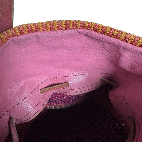 Vintage Woven Sisal Market Basket Tote Bag Leather Drawstring Closure Raffia - Picture 13 of 16